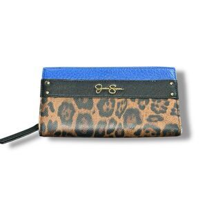 Jessica Simpson Leopard Print Zip Wallet Blue Faux Leather Colorblock